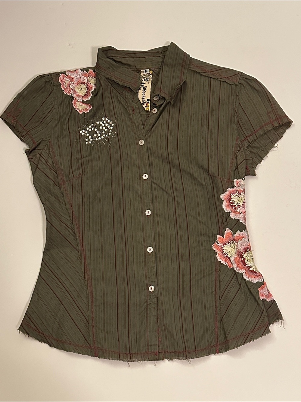 Johnny Was 3J Workshop Green Floral Cap Sleeve Embroidered Floral Top sz M
